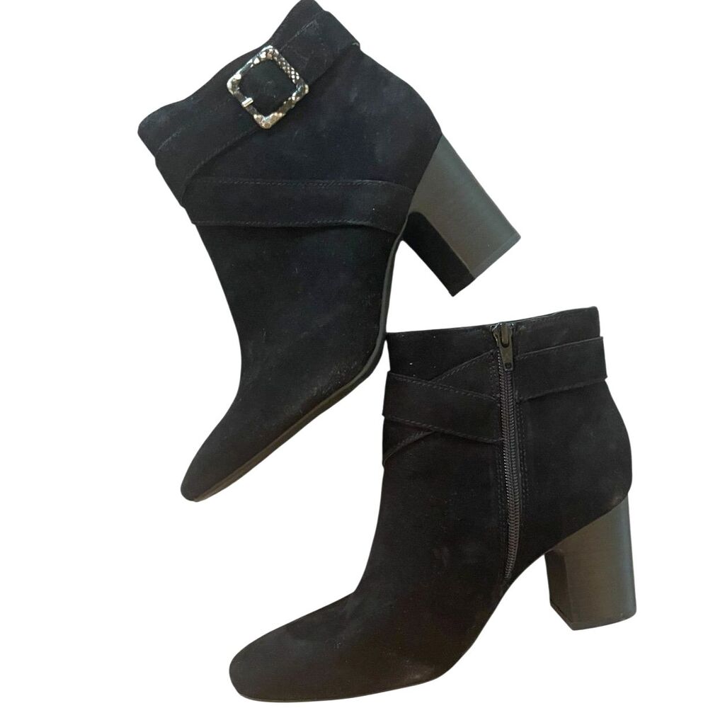 Aerosoles Womens Black Suede Booties 8.5 Buckle Heel Classic Chic Winter Work